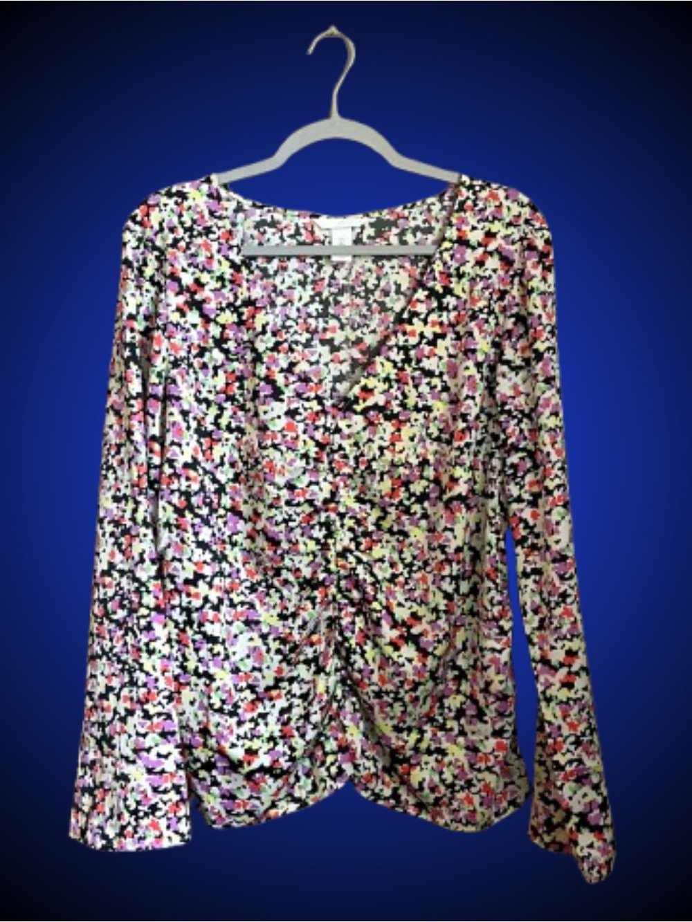 H&M gathered blouse black/patterned colorful floral print dopamine dressing sz L